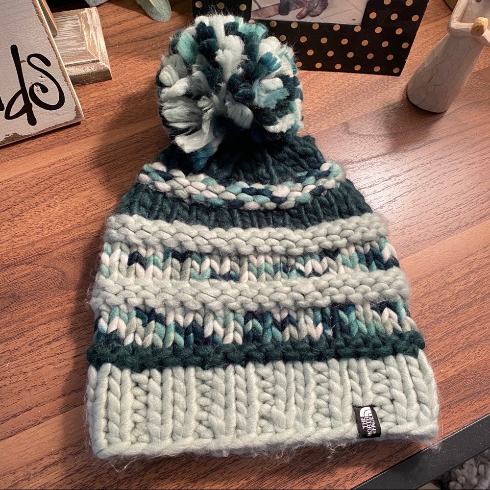 The North Face Multi Blue and mint green Pom Toboggan Beanie